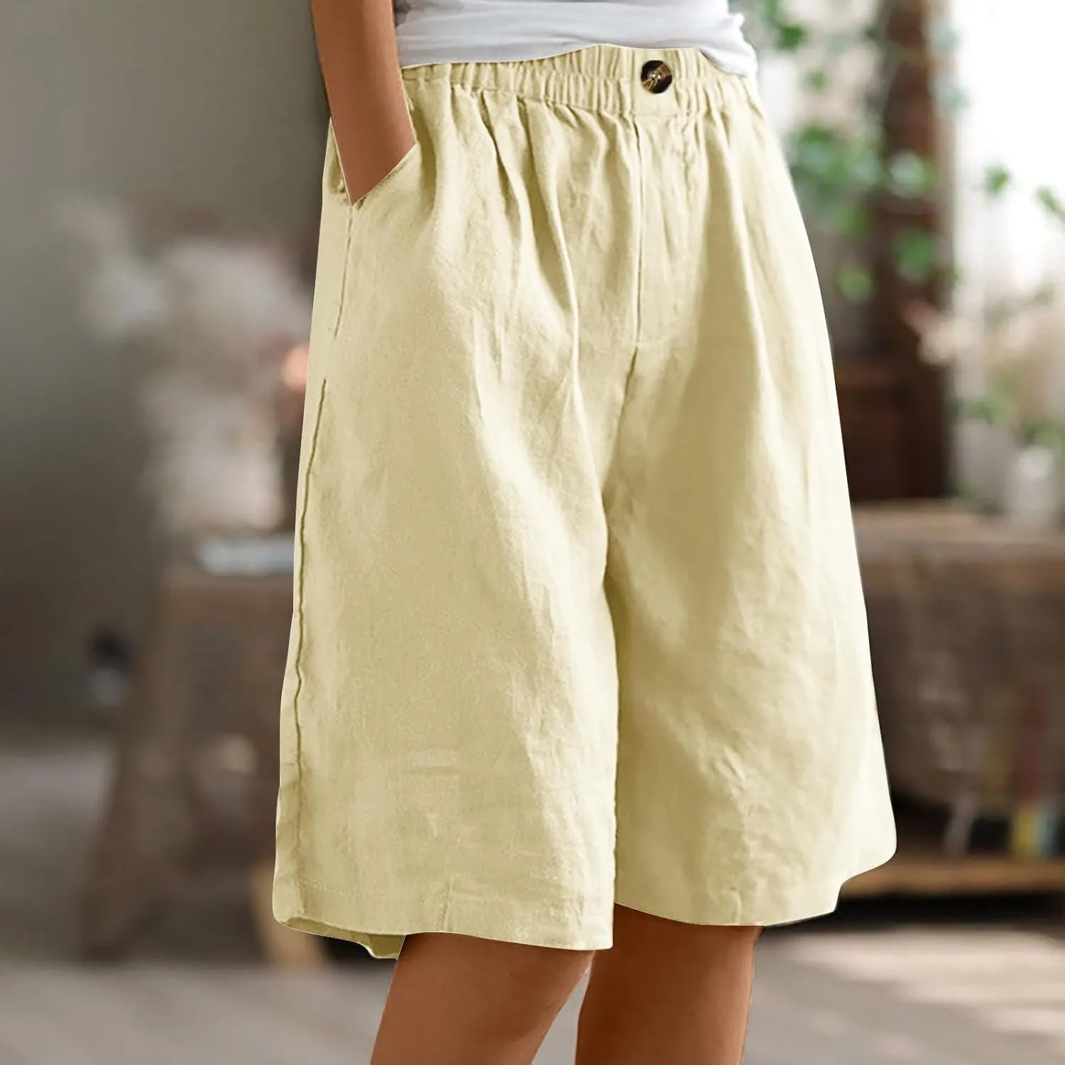 Linen Shorts for Women Wide Leg Knee Length Summer Casual Long Shorts High Waisted Bermuda Shorts with Pocket