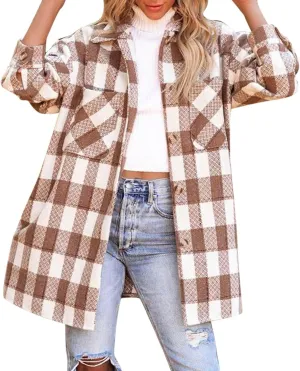 Long Jacket for Women Long Sleeve Lapel Button Up Tartan Shacket Trench Coat with Pocket Collared Duster Coat Outerwear