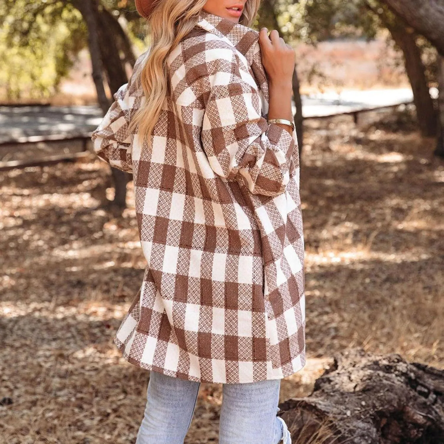 Long Jacket for Women Long Sleeve Lapel Button Up Tartan Shacket Trench Coat with Pocket Collared Duster Coat Outerwear