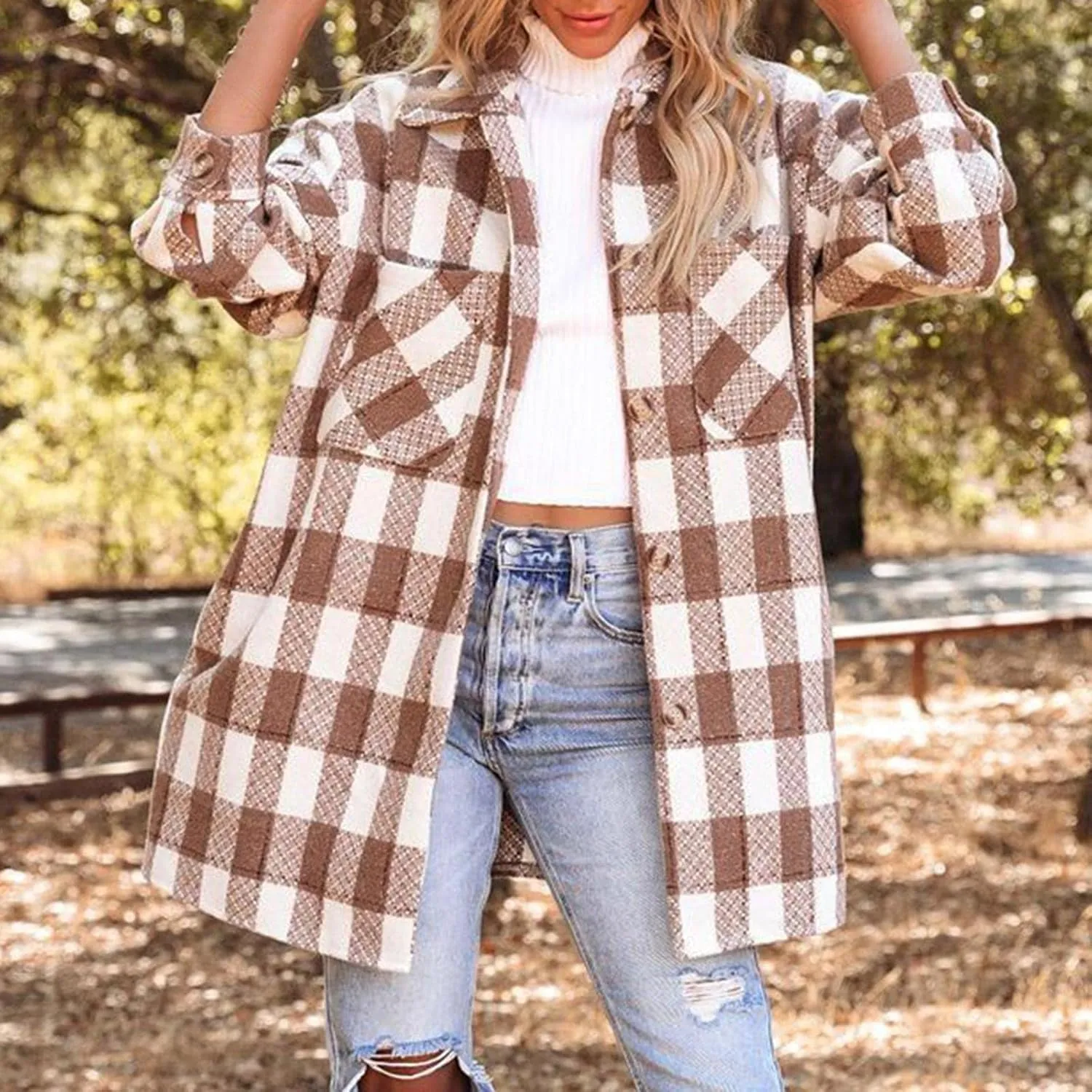 Long Jacket for Women Long Sleeve Lapel Button Up Tartan Shacket Trench Coat with Pocket Collared Duster Coat Outerwear