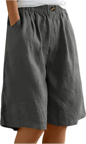 Long Linen Shorts for Women Elastic Waist Drawstring Knee Length Shorts with Pocket Loose Fit Cotton Linen Shorts