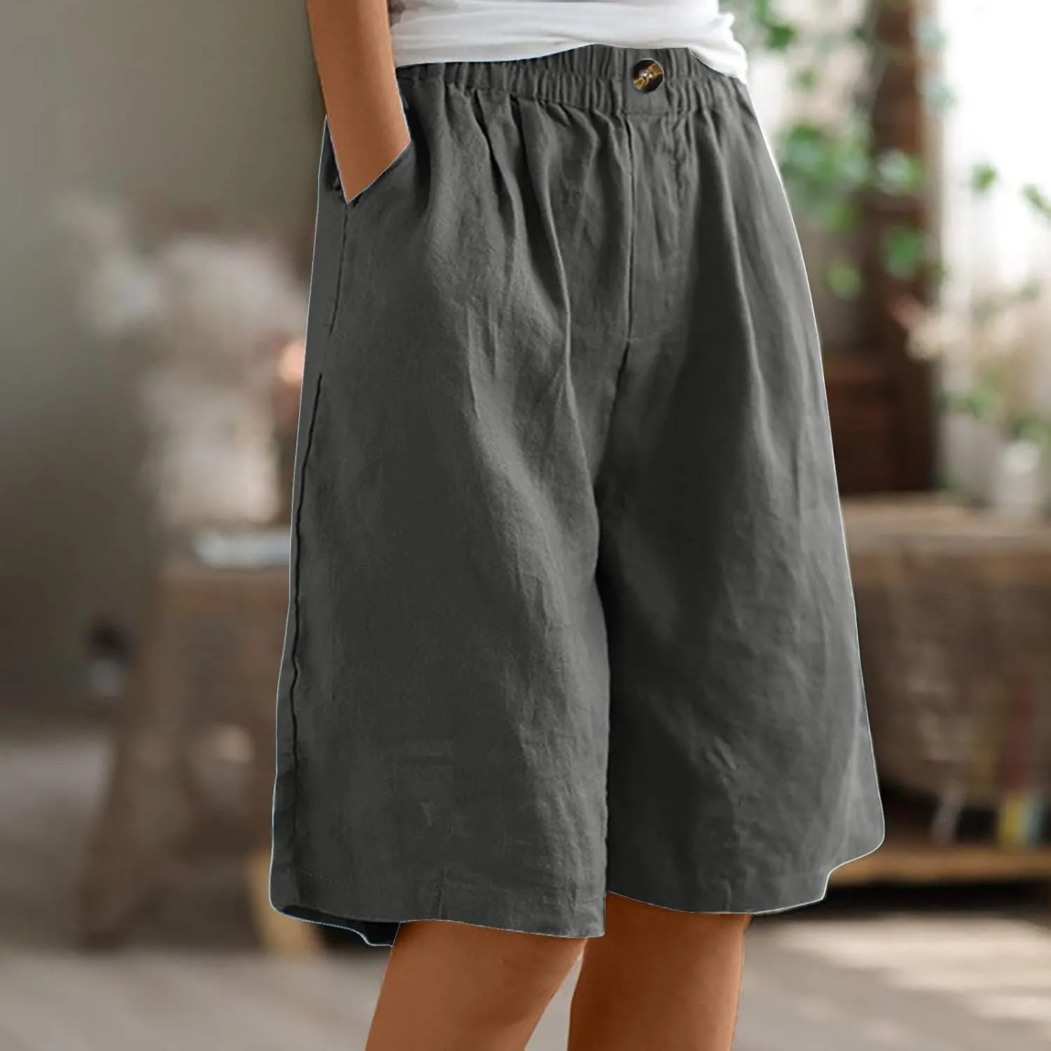 Long Linen Shorts for Women Elastic Waist Drawstring Knee Length Shorts with Pocket Loose Fit Cotton Linen Shorts