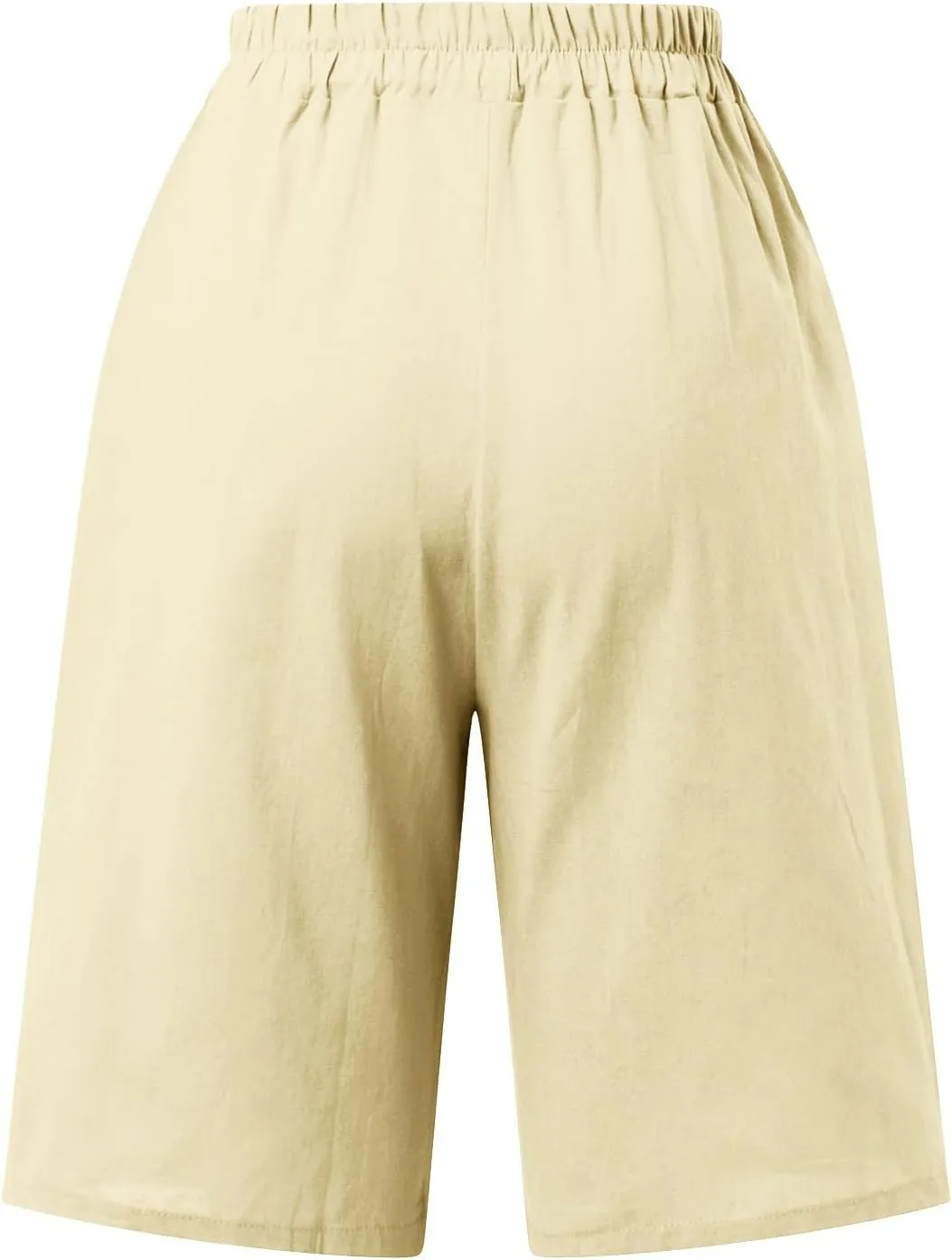 Long Linen Shorts for Women Elastic Waist Drawstring Knee Length Shorts with Pocket Loose Fit Cotton Linen Shorts