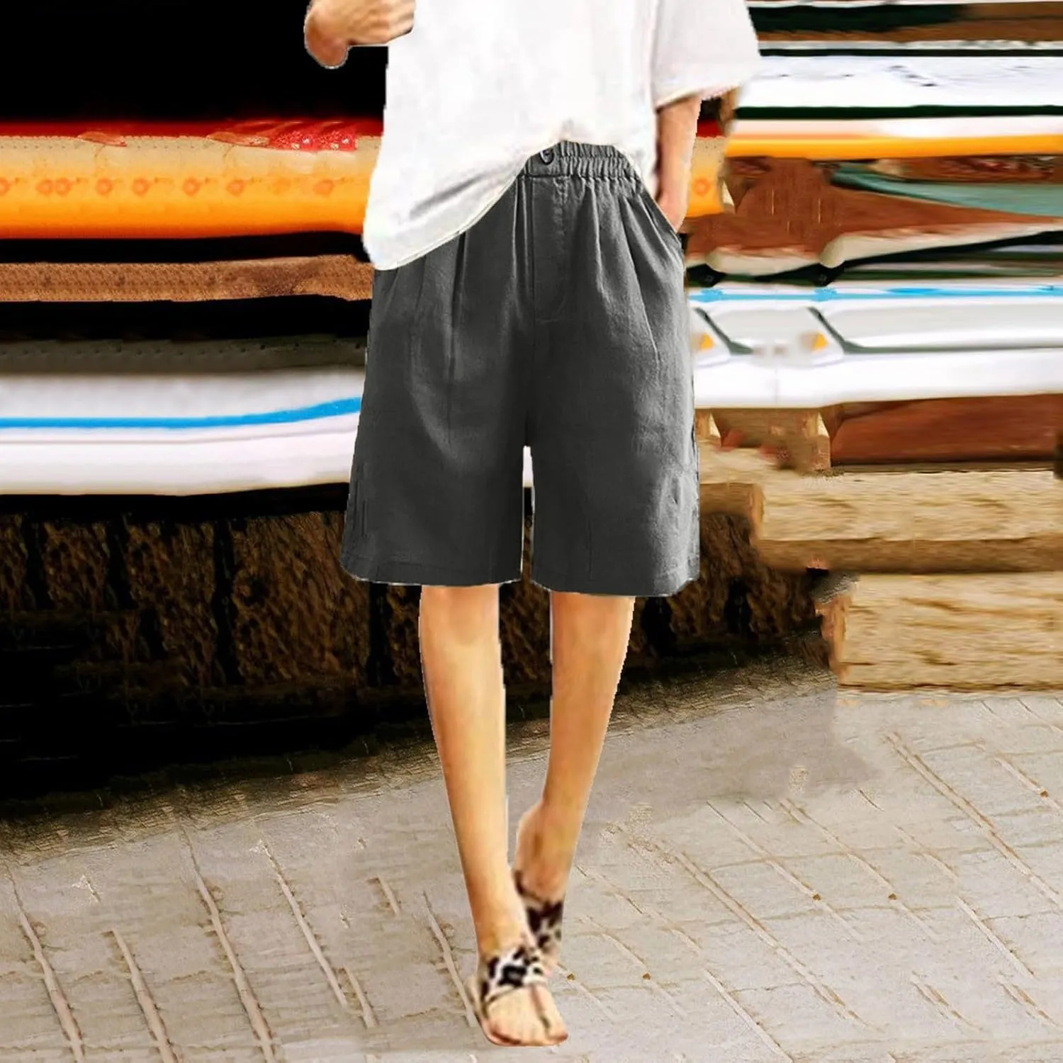 Long Linen Shorts for Women Elastic Waist Drawstring Knee Length Shorts with Pocket Loose Fit Cotton Linen Shorts