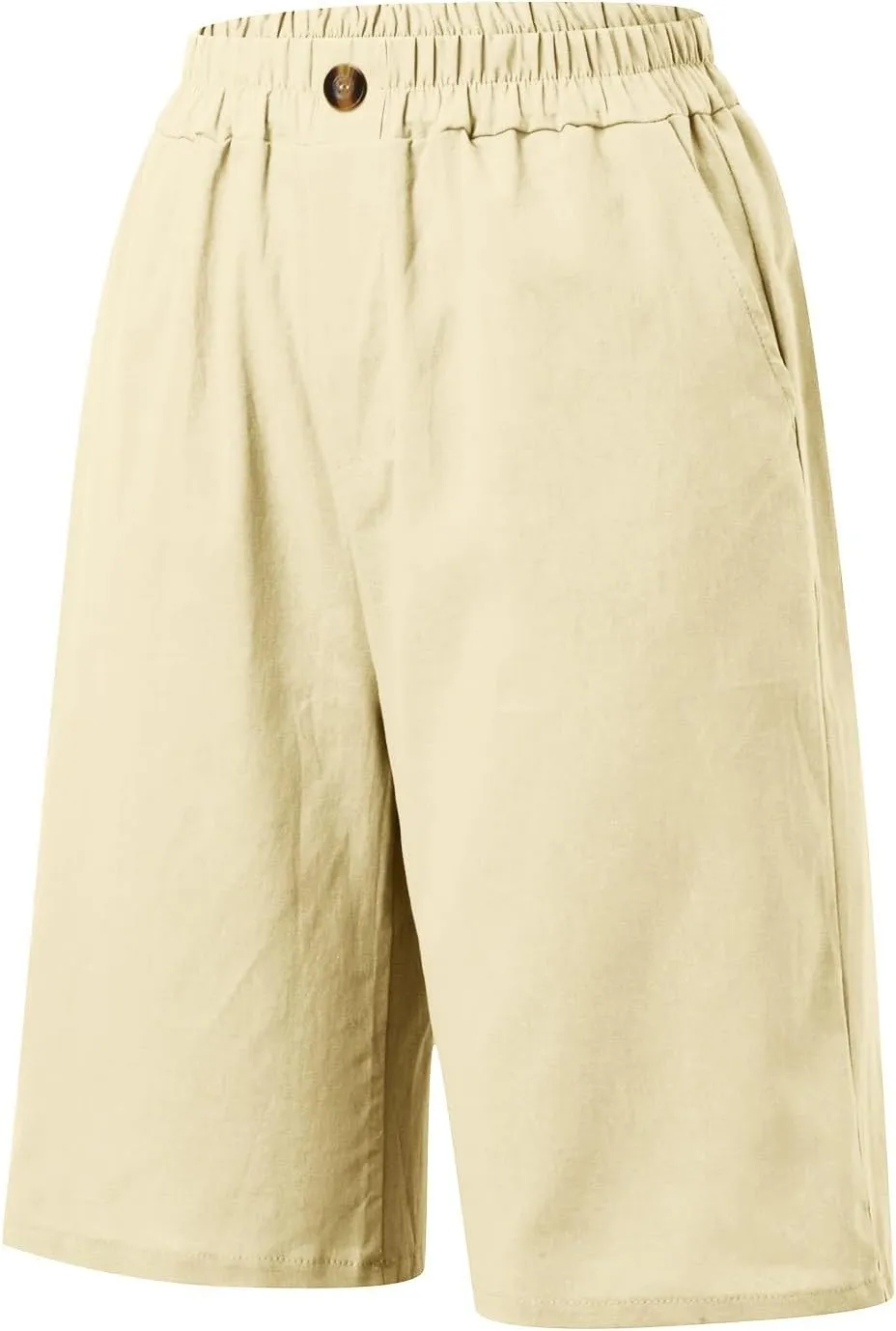 Long Linen Shorts for Women Elastic Waist Drawstring Knee Length Shorts with Pocket Loose Fit Cotton Linen Shorts