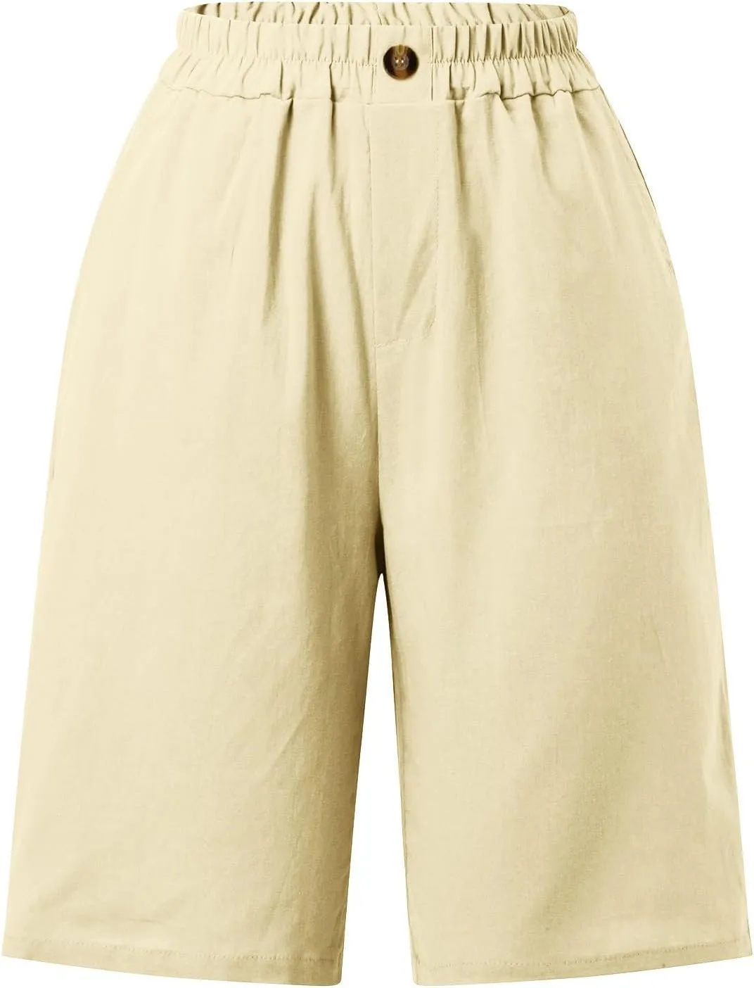 Long Linen Shorts for Women Elastic Waist Drawstring Knee Length Shorts with Pocket Loose Fit Cotton Linen Shorts