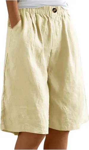 Long Linen Shorts for Women Elastic Waist Drawstring Knee Length Shorts with Pocket Loose Fit Cotton Linen Shorts