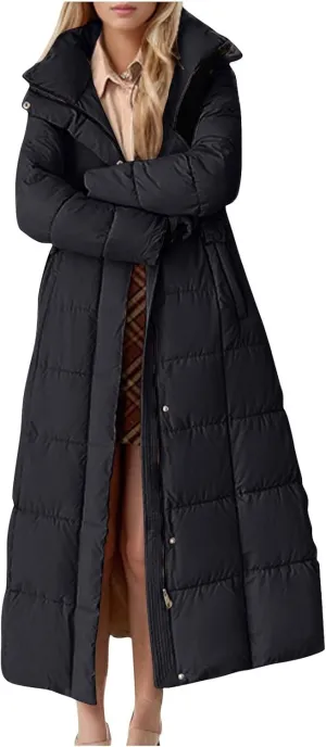 Long Puffer Jacket for Women Stand Collar Zipper Down Coats Hooded Maxi Length Trench Coat 2024 Winter Thickened Jacket