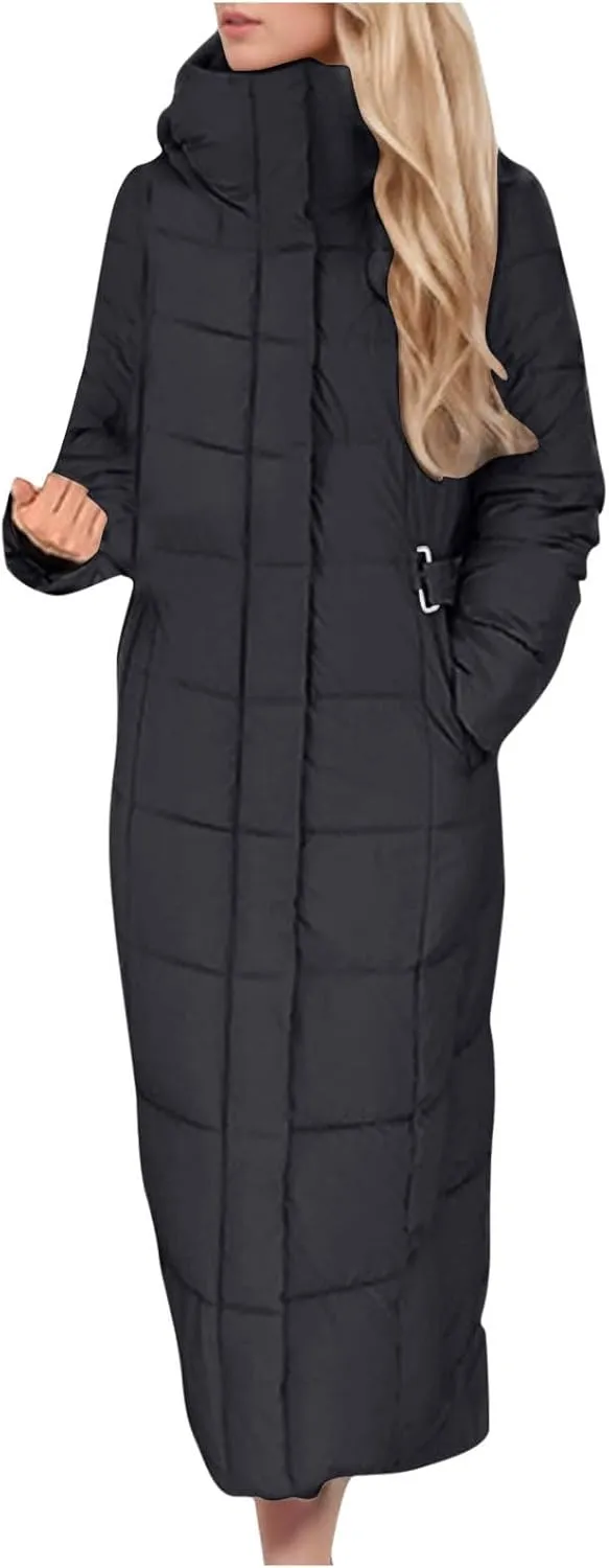 Long Puffer Jacket for Women Stand Collar Zipper Down Coats Hooded Maxi Length Trench Coat 2024 Winter Thickened Jacket