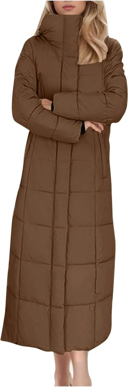 Long Puffer Jacket for Women Stand Collar Zipper Down Coats Hooded Maxi Length Trench Coat 2024 Winter Thickened Jacket