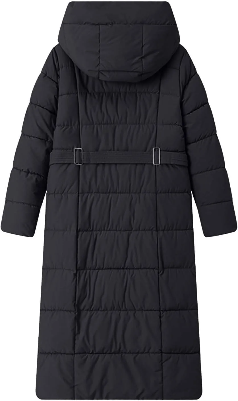 Long Puffer Jacket for Women Stand Collar Zipper Down Coats Hooded Maxi Length Trench Coat 2024 Winter Thickened Jacket