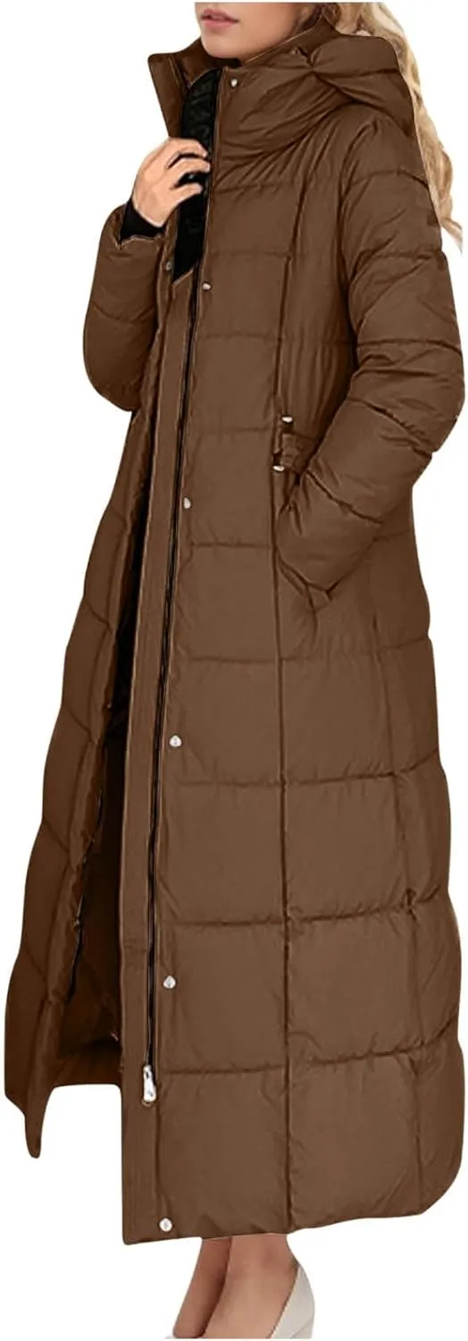 Long Puffer Jacket for Women Stand Collar Zipper Down Coats Hooded Maxi Length Trench Coat 2024 Winter Thickened Jacket