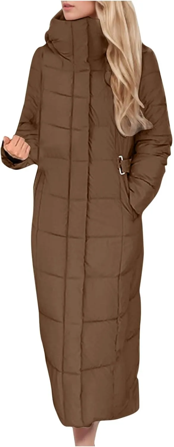Long Puffer Jacket for Women Stand Collar Zipper Down Coats Hooded Maxi Length Trench Coat 2024 Winter Thickened Jacket