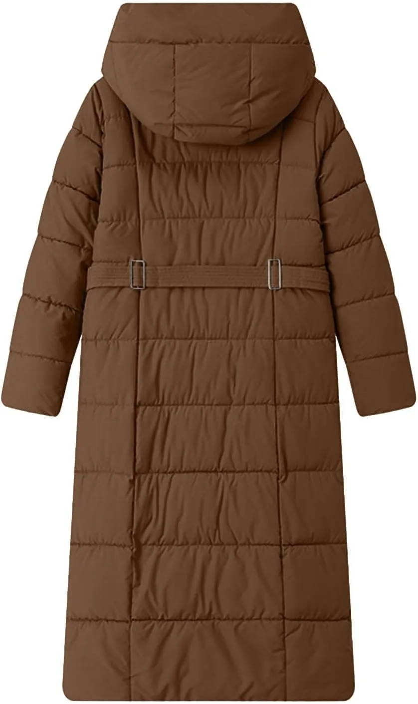 Long Puffer Jacket for Women Stand Collar Zipper Down Coats Hooded Maxi Length Trench Coat 2024 Winter Thickened Jacket