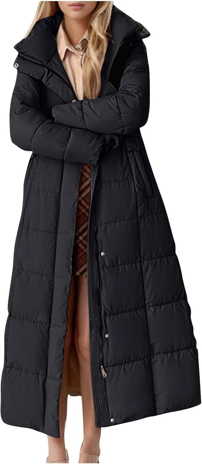 Long Puffer Jacket for Women Stand Collar Zipper Down Coats Hooded Maxi Length Trench Coat 2024 Winter Thickened Jacket