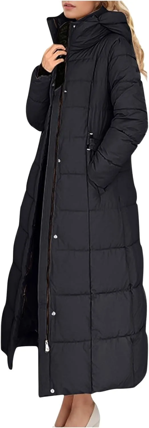 Long Puffer Jacket for Women Stand Collar Zipper Down Coats Hooded Maxi Length Trench Coat 2024 Winter Thickened Jacket