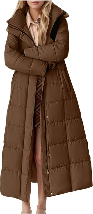 Long Puffer Jacket for Women Stand Collar Zipper Down Coats Hooded Maxi Length Trench Coat 2024 Winter Thickened Jacket