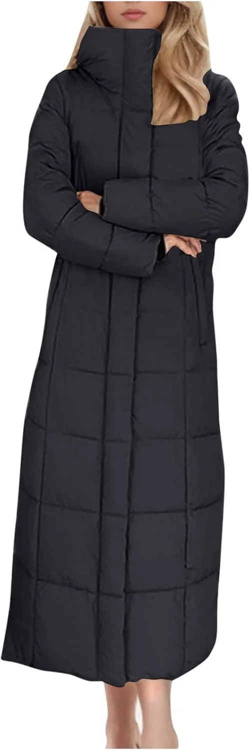 Long Puffer Jacket for Women Stand Collar Zipper Down Coats Hooded Maxi Length Trench Coat 2024 Winter Thickened Jacket