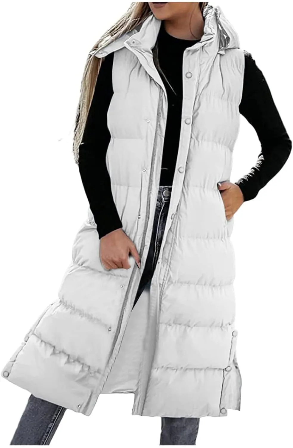 Long Puffer Vest for Women,2023 Winter Warm Puffy Zipper Sleeveless Oversized Fleece Plus Size Down Jacket Coat