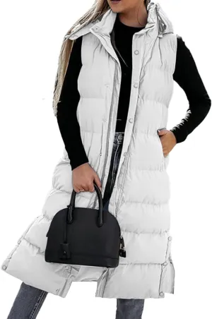 Long Puffer Vest for Women,2023 Winter Warm Puffy Zipper Sleeveless Oversized Fleece Plus Size Down Jacket Coat