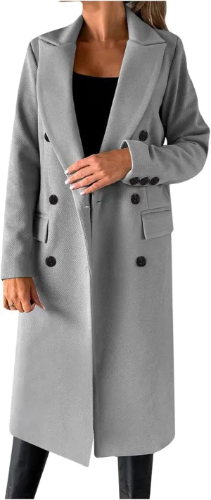 Long Trench Coat for Women Casual Double Breasted Pea Coat Winter Notched Lapel Midi Wool Coat Jacket Overcoat