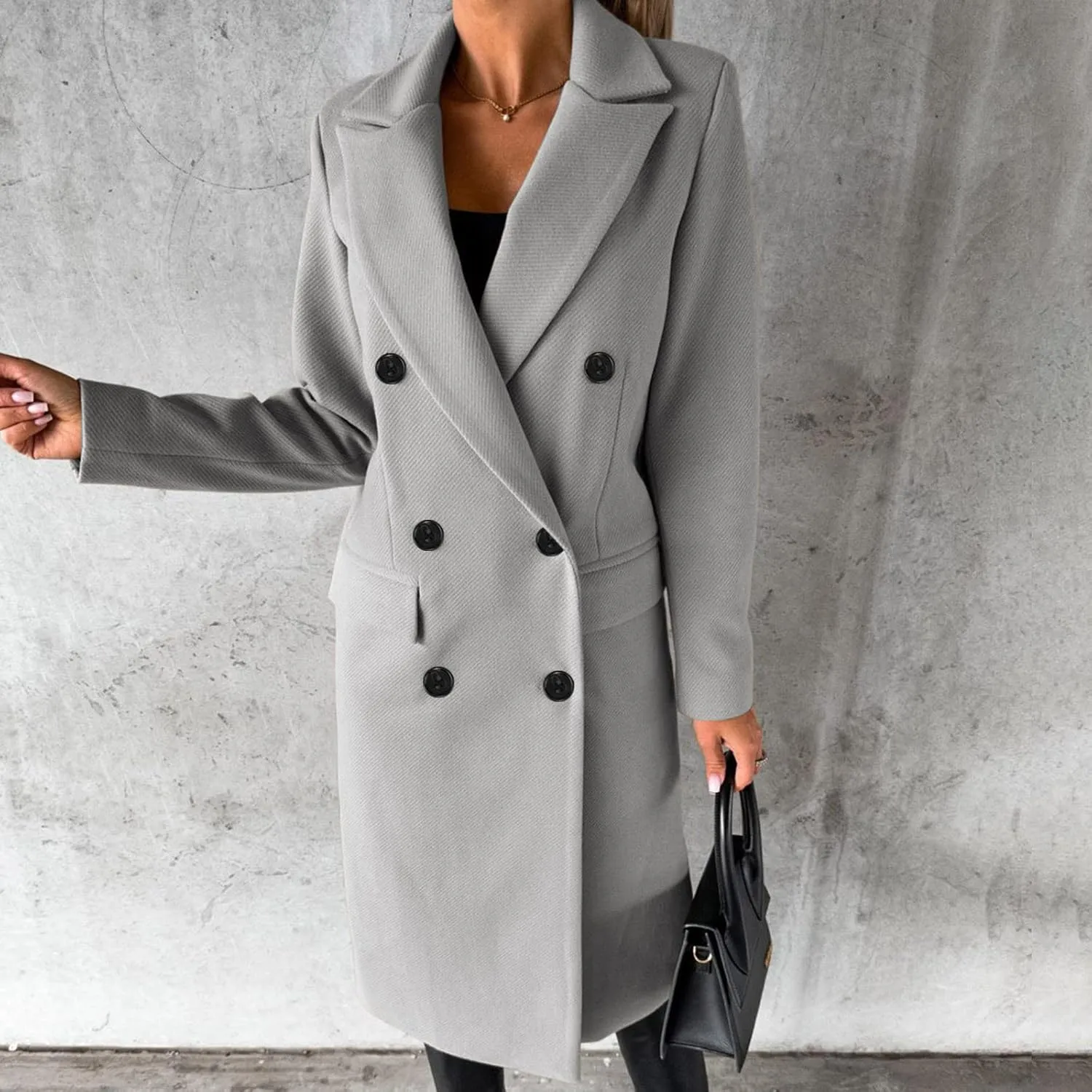Long Trench Coat for Women Casual Double Breasted Pea Coat Winter Notched Lapel Midi Wool Coat Jacket Overcoat