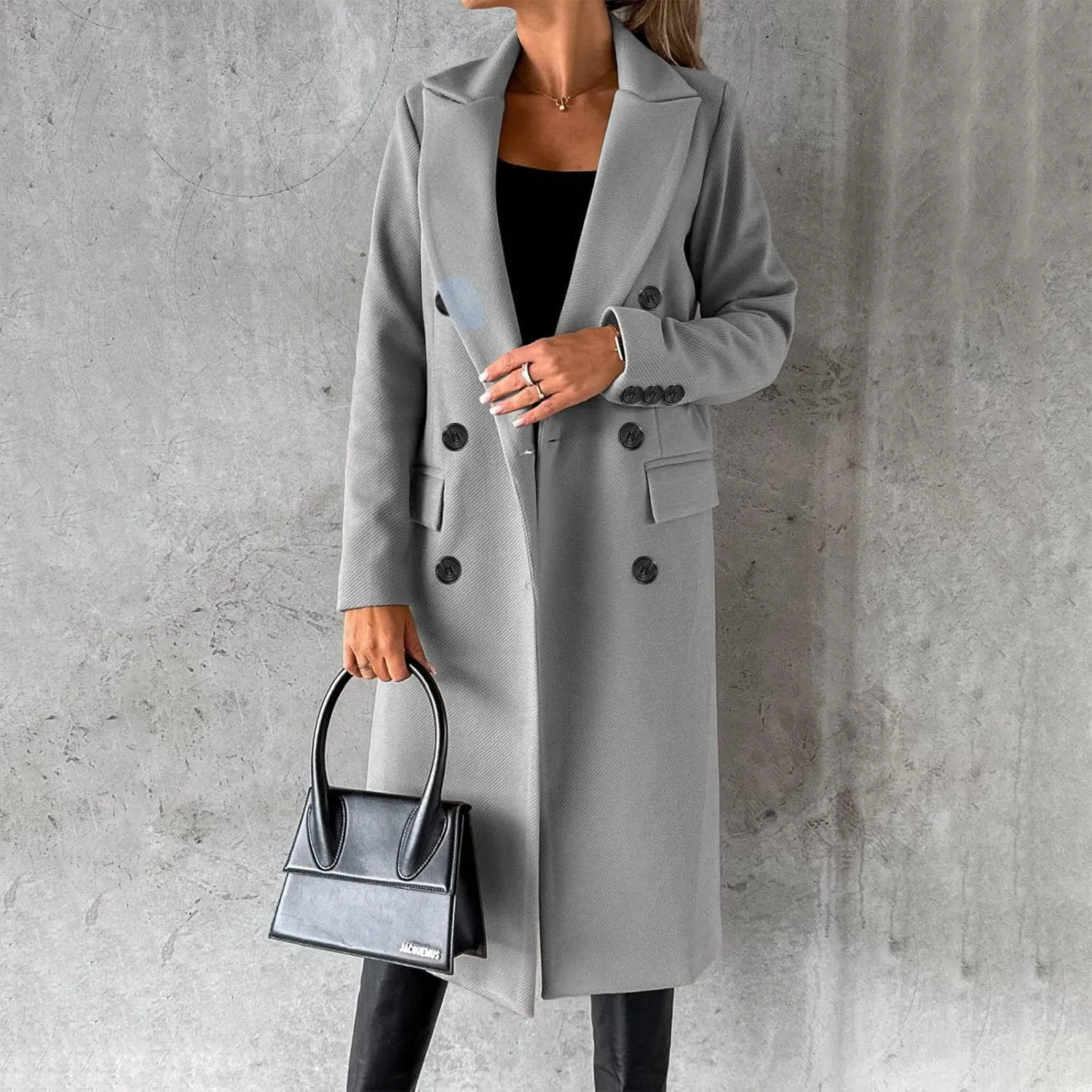 Long Trench Coat for Women Casual Double Breasted Pea Coat Winter Notched Lapel Midi Wool Coat Jacket Overcoat