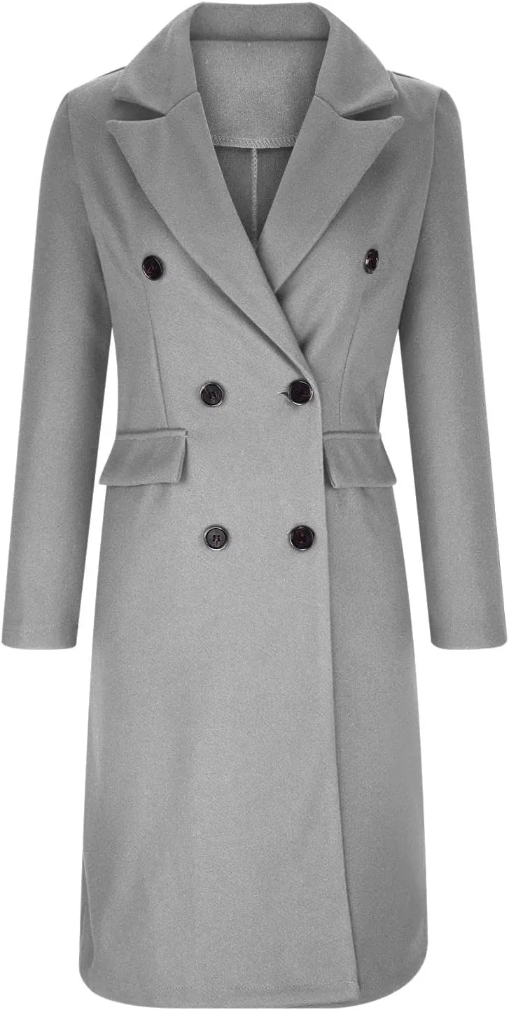 Long Trench Coat for Women Casual Double Breasted Pea Coat Winter Notched Lapel Midi Wool Coat Jacket Overcoat