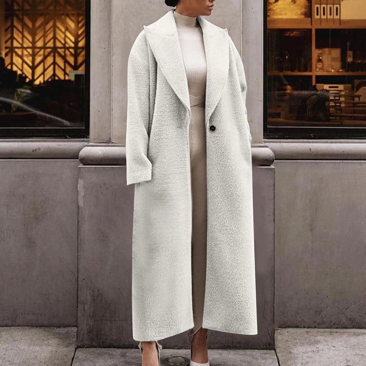Long Trench Coat for Women Elegant Single Breasted Pea Coat Winter Warm Wool Blend Oversized Pea Coat with Pockets