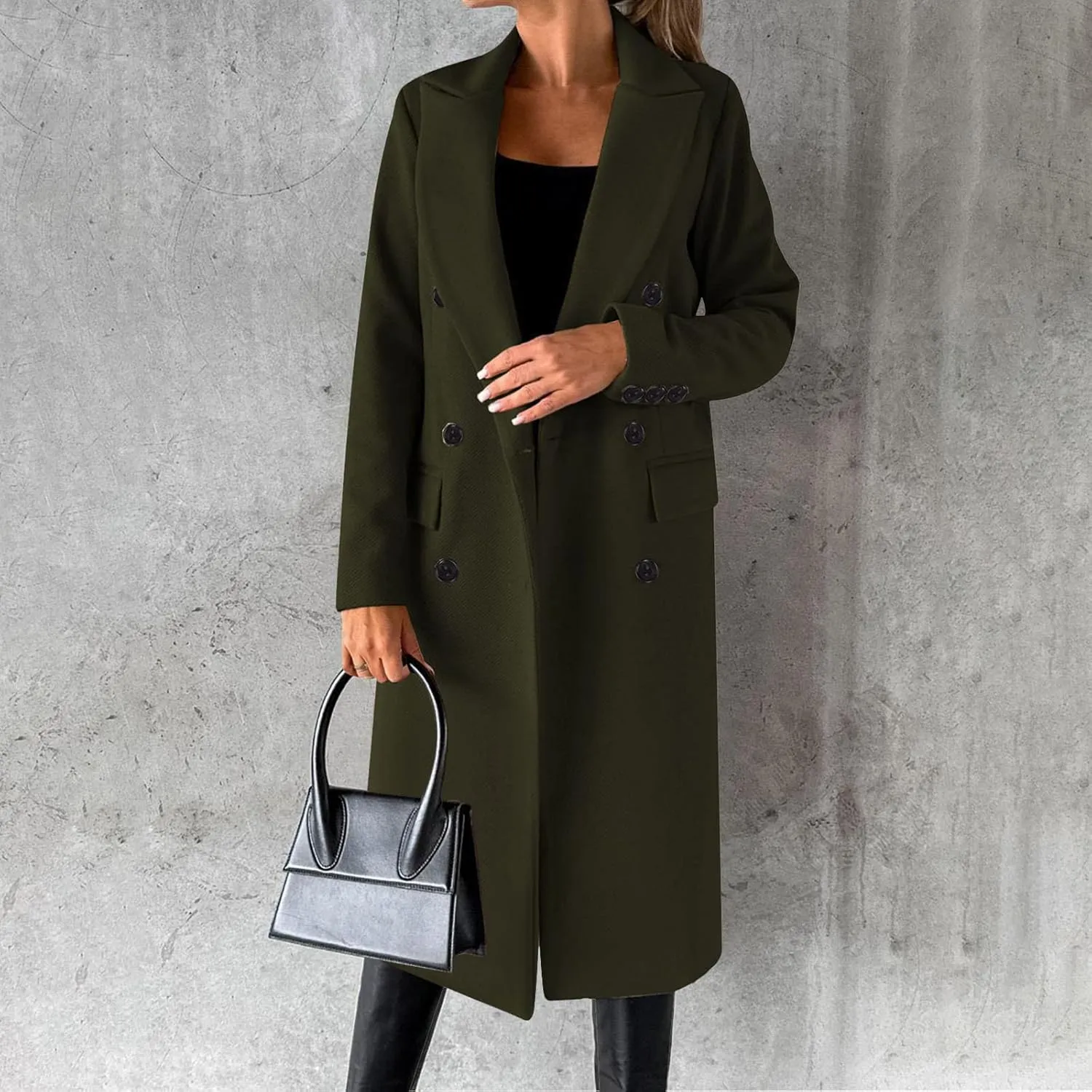 Long Winter Coats for Women Double-Breasted Classic Lapel Outerwear Casual Trench Coat Windbreaker Solid Jackets