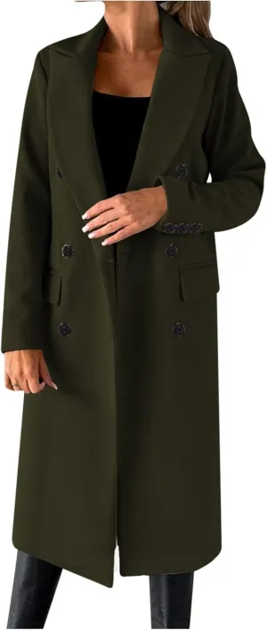 Long Winter Coats for Women Double-Breasted Classic Lapel Outerwear Casual Trench Coat Windbreaker Solid Jackets