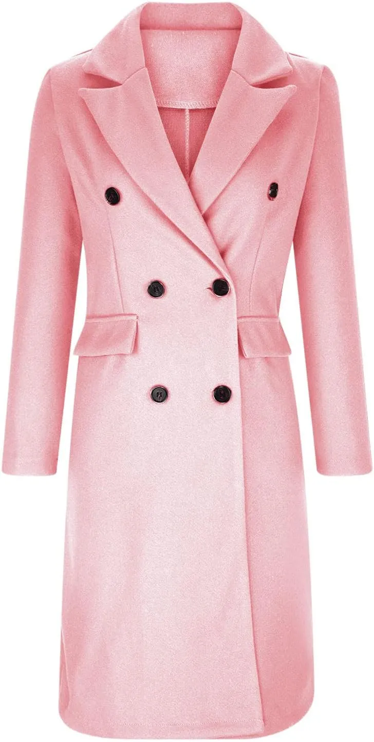 Long Winter Coats for Women Double-Breasted Classic Lapel Outerwear Casual Trench Coat Windbreaker Solid Jackets