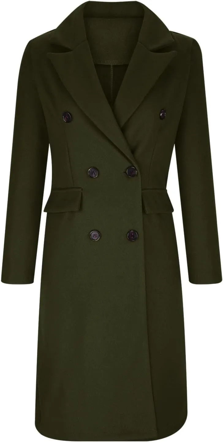 Long Winter Coats for Women Double-Breasted Classic Lapel Outerwear Casual Trench Coat Windbreaker Solid Jackets