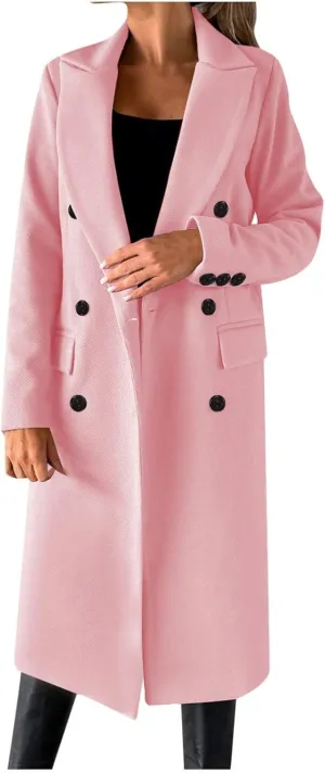 Long Winter Coats for Women Double-Breasted Classic Lapel Outerwear Casual Trench Coat Windbreaker Solid Jackets