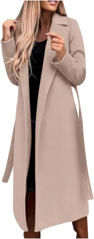 Long Wool Coats for Women Trendy Notched Collar Open Front Trench Coat Woolen Blend Warm Fall Winter Jacket Outwear
