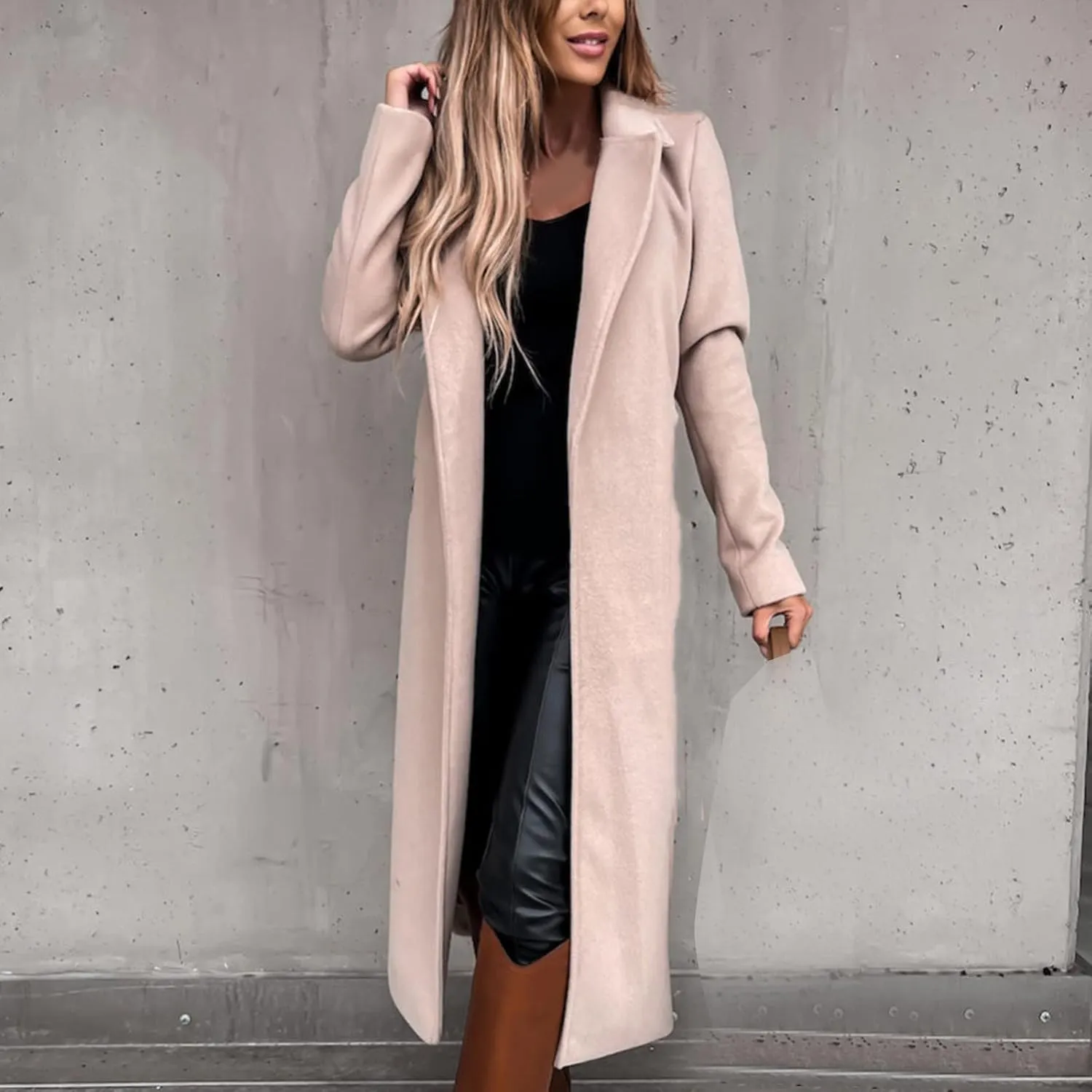 Long Wool Coats for Women Trendy Notched Collar Open Front Trench Coat Woolen Blend Warm Fall Winter Jacket Outwear