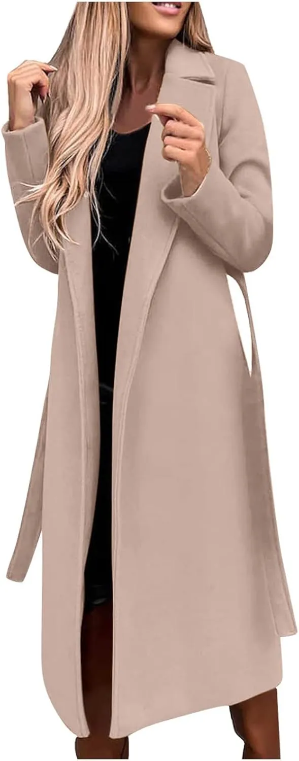 Long Wool Coats for Women Trendy Notched Collar Open Front Trench Coat Woolen Blend Warm Fall Winter Jacket Outwear