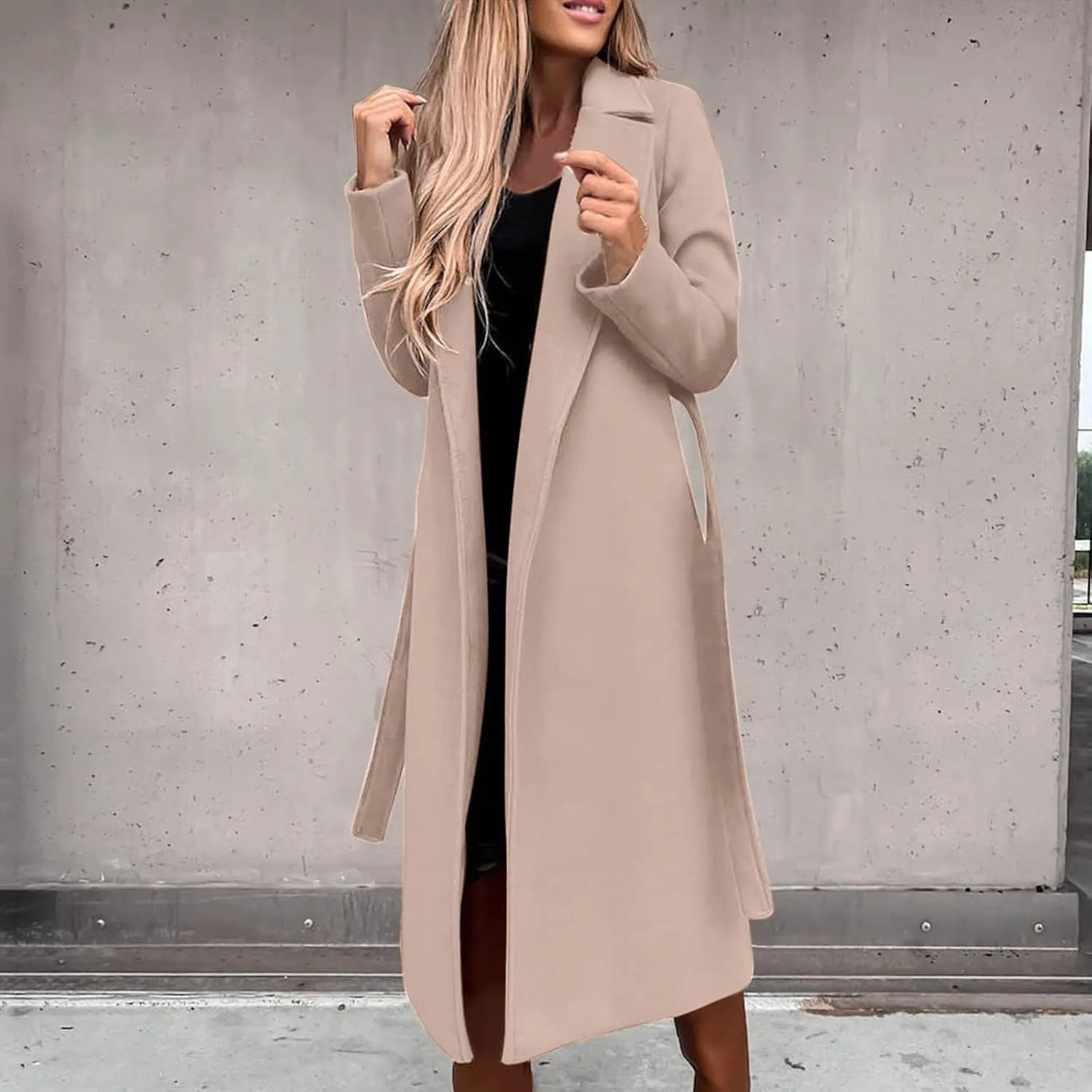 Long Wool Coats for Women Trendy Notched Collar Open Front Trench Coat Woolen Blend Warm Fall Winter Jacket Outwear