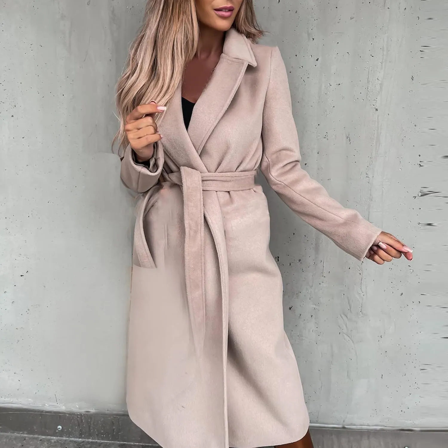 Long Wool Coats for Women Trendy Notched Collar Open Front Trench Coat Woolen Blend Warm Fall Winter Jacket Outwear