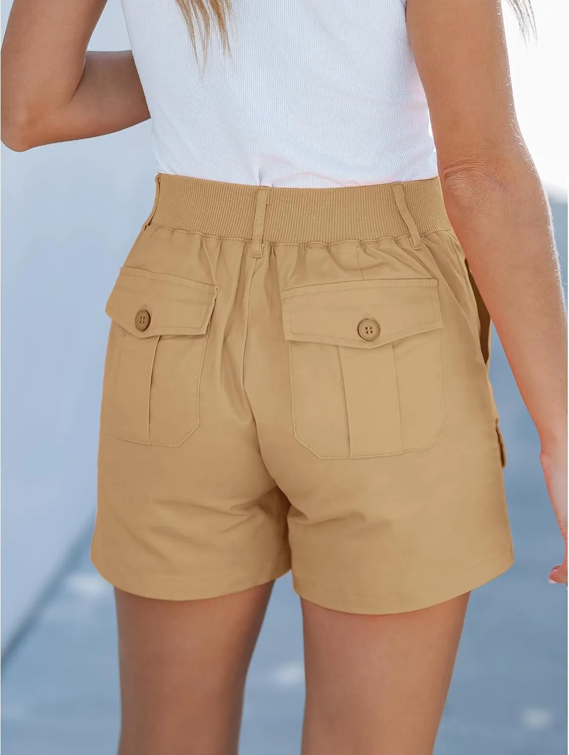luvamia Cargo Shorts for Women Casual Summer High Waisted Chino Shorts Ribbed Elastic Waist Utility Pockets Comfy Shorts