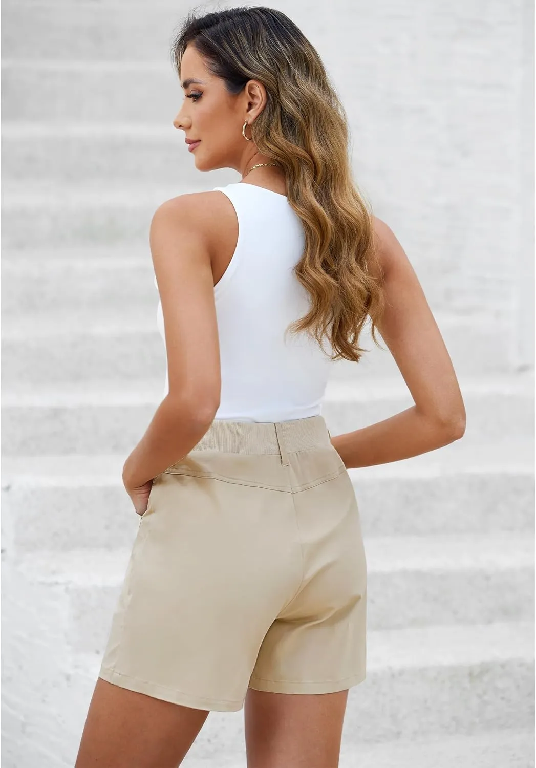 luvamia Shorts for Women Trendy Casual Summer High Waisted Chino Shorts Ribbed Elastic Waist Comfy Shorts with Pockets