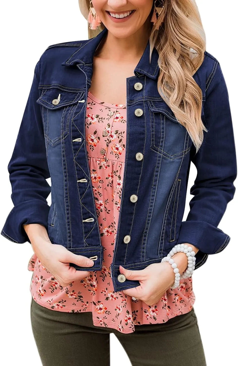 luvamia Women's Basic Button Down Stretch Fitted Long Sleeves Denim Jean Jacket