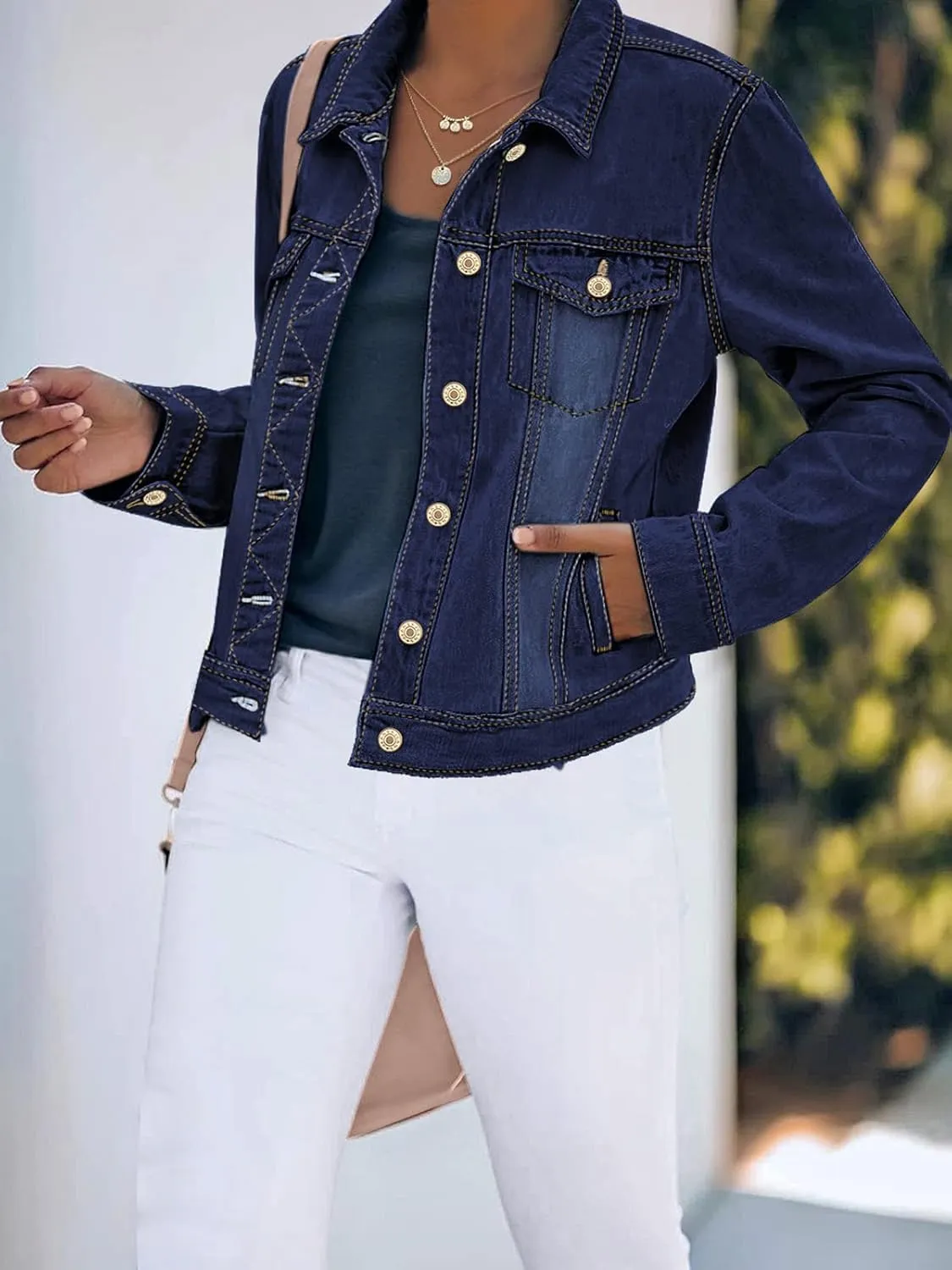 luvamia Women's Basic Button Down Stretch Fitted Long Sleeves Denim Jean Jacket