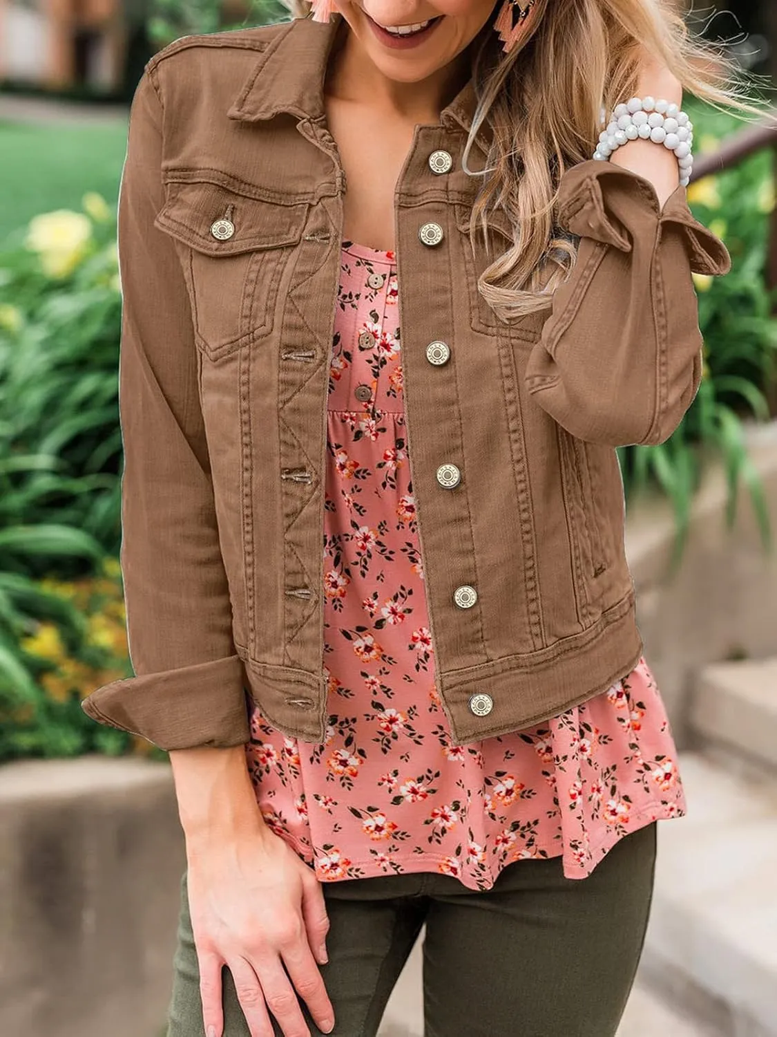luvamia Women's Basic Button Down Stretch Fitted Long Sleeves Denim Jean Jacket