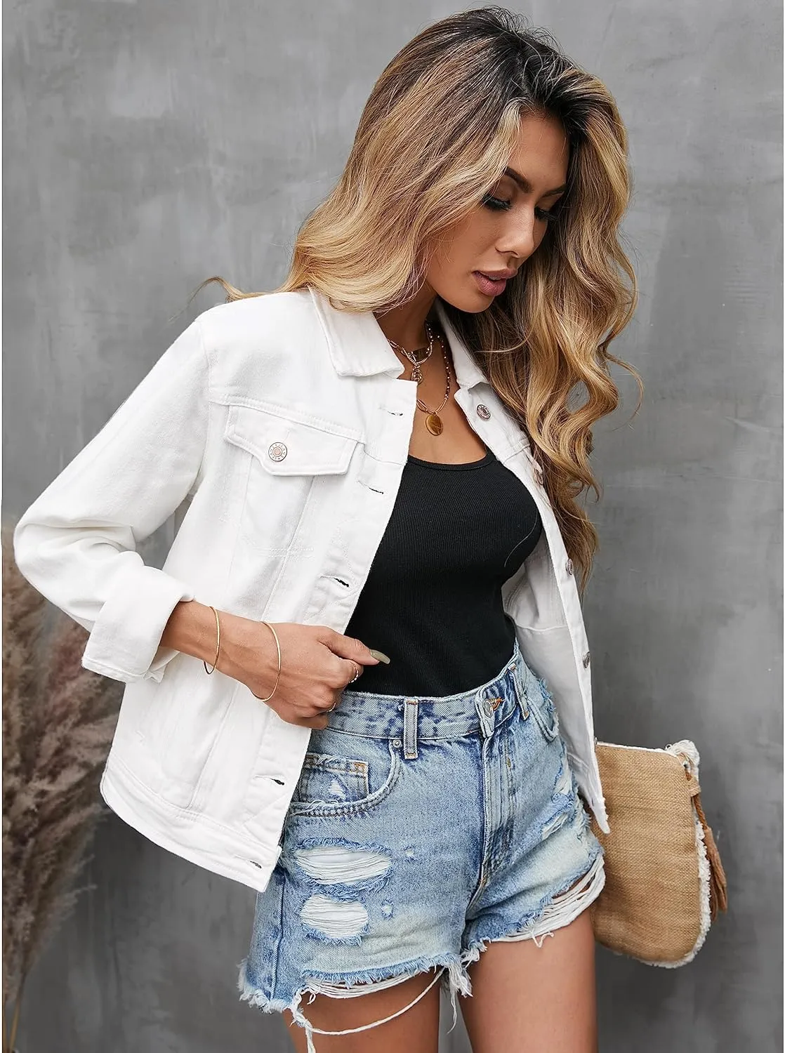 luvamia Women's Basic Button Down Stretch Fitted Long Sleeves Denim Jean Jacket