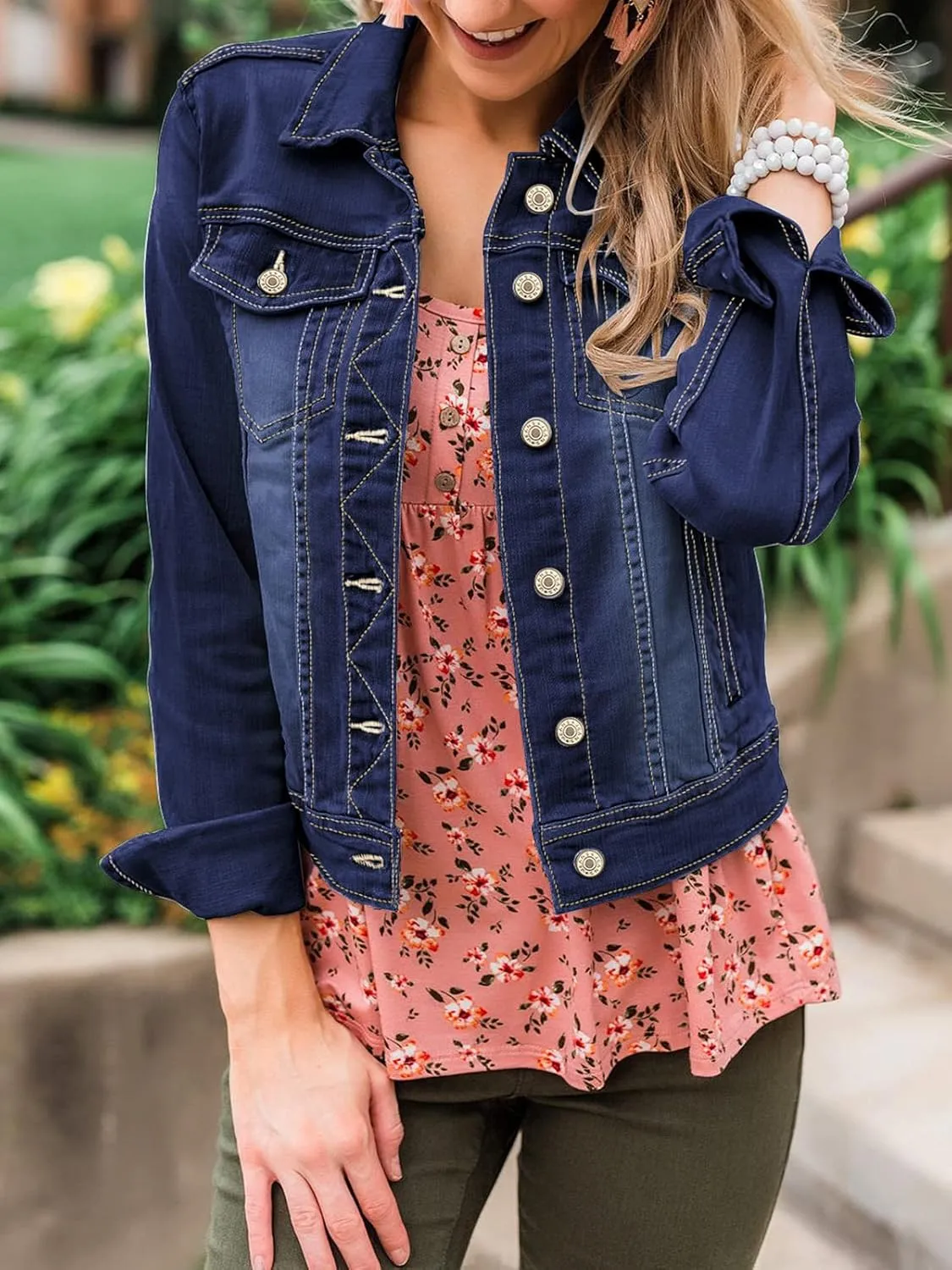 luvamia Women's Basic Button Down Stretch Fitted Long Sleeves Denim Jean Jacket