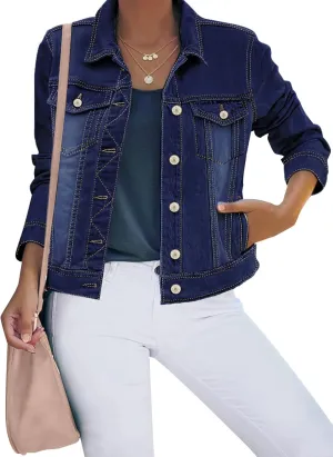 luvamia Women's Basic Button Down Stretch Fitted Long Sleeves Denim Jean Jacket