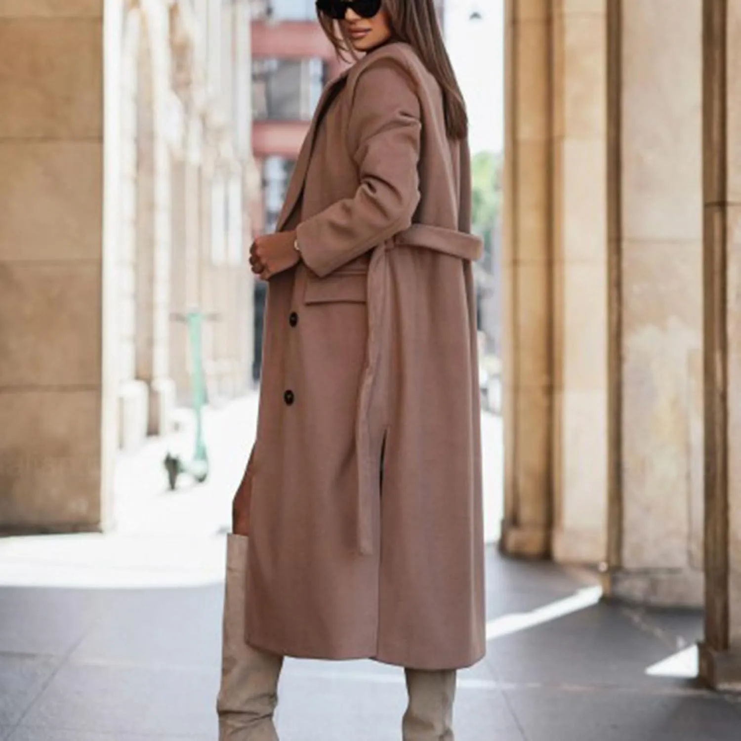 maisdgop Womens Pea Coat Winter Notch Lapel Wool Coat Double Breasted Business Windbreaker Casual Long Woolen Trench Coat
