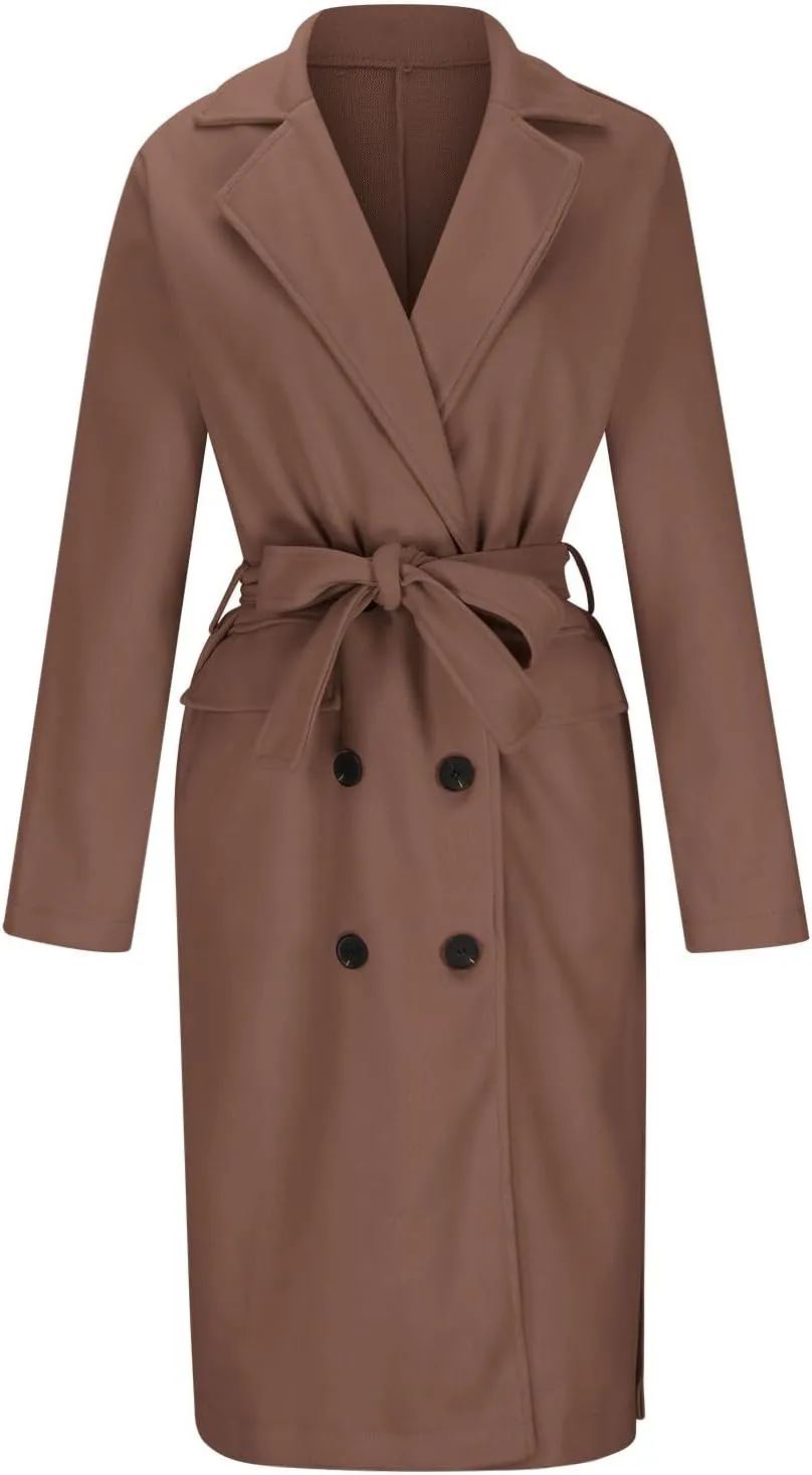 maisdgop Womens Pea Coat Winter Notch Lapel Wool Coat Double Breasted Business Windbreaker Casual Long Woolen Trench Coat