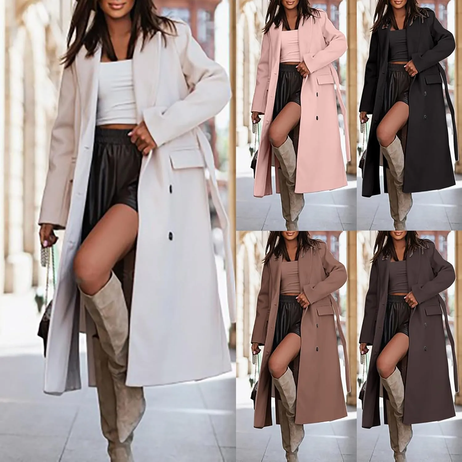 maisdgop Womens Pea Coat Winter Notch Lapel Wool Coat Double Breasted Business Windbreaker Casual Long Woolen Trench Coat